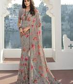 Designer Floral Print Grey Georgette Saree For Fancy Girlish Looks