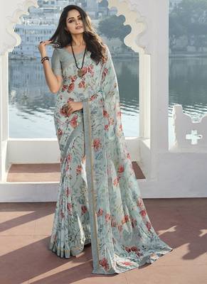 Designer Floral Print Grey Georgette Saree For Fancy Girlish Looks 1