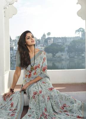Designer Floral Print Grey Georgette Saree For Fancy Girlish Looks 2