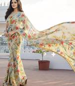 Designer Floral Print Beige Georgette Saree For Fancy Girlish Looks