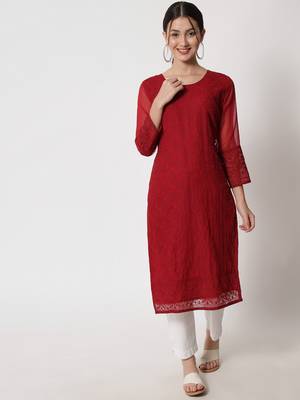 Maroon Colour Elegant Thread Embroidery Work Partywear Fancy Kurti 1