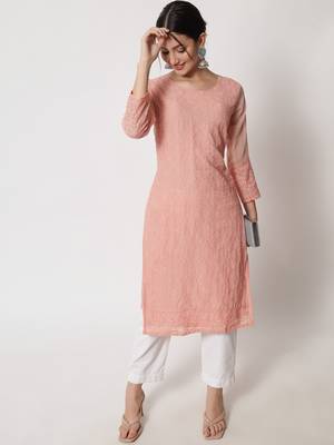 Peach Colour Elegant Thread Embroidery Work Partywear Fancy Kurti 1