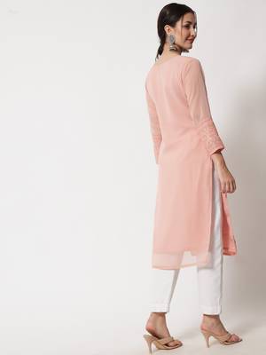 Peach Colour Elegant Thread Embroidery Work Partywear Fancy Kurti 2