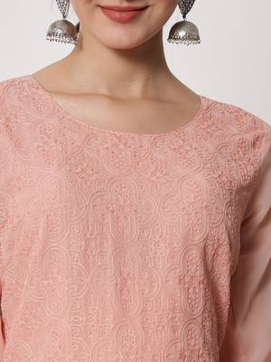 Peach Colour Elegant Thread Embroidery Work Partywear Fancy Kurti 3