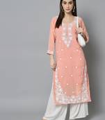 Peach Colour Lukhnowi Embroidery Work Partywear Fancy Girlish Kurti