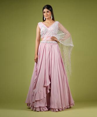 Onion Pink Swirling Folds Lehenga Set 1