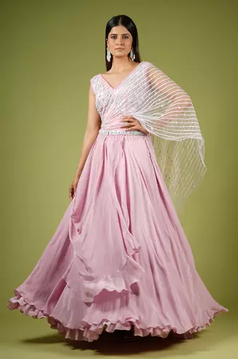 Onion Pink Swirling Folds Lehenga Set