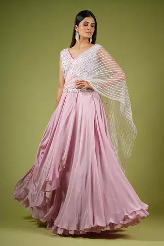 Onion Pink Swirling Folds Lehenga Set