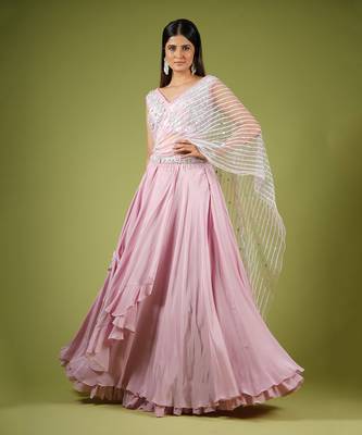 Onion Pink Swirling Folds Lehenga Set 4