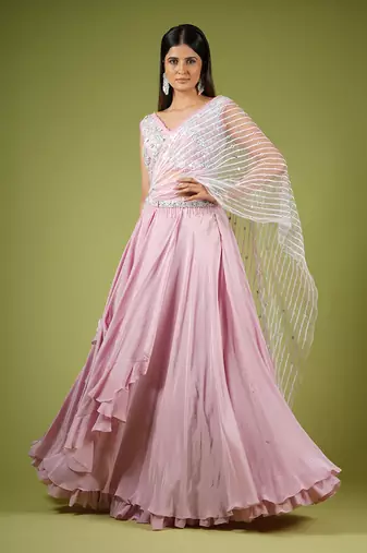 Onion Pink Swirling Folds Lehenga Set