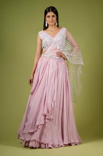 Onion Pink Swirling Folds Lehenga Set