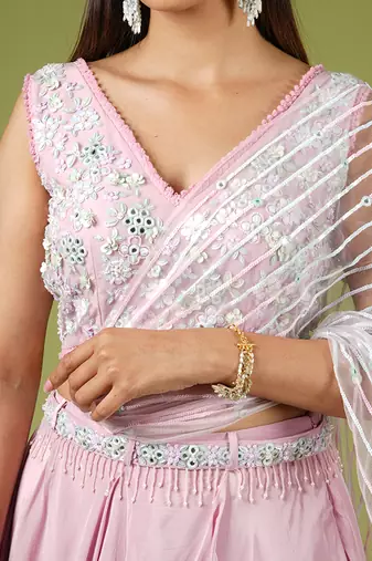 Onion Pink Swirling Folds Lehenga Set
