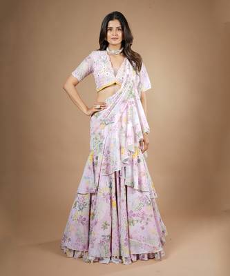 Pink Vintage Botanical Printed Ruffle Saree 1