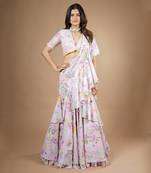 Pink Vintage Botanical Printed Ruffle Saree