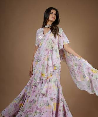 Pink Vintage Botanical Printed Ruffle Saree 2