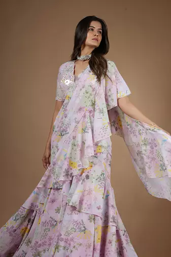 Pink Vintage Botanical Printed Ruffle Saree