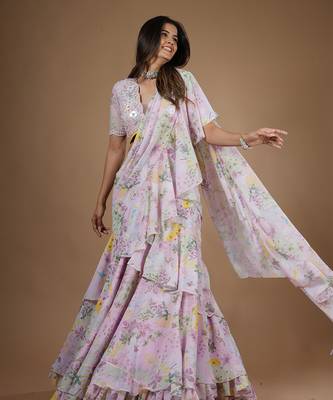 Pink Vintage Botanical Printed Ruffle Saree 3