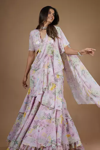 Pink Vintage Botanical Printed Ruffle Saree