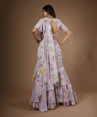 Pink Vintage Botanical Printed Ruffle Saree 4