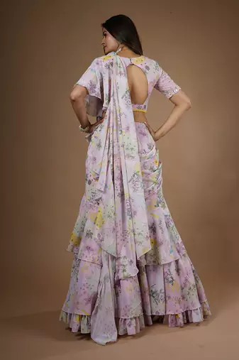 Pink Vintage Botanical Printed Ruffle Saree