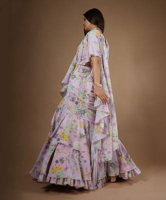 Pink Vintage Botanical Printed Ruffle Saree 5