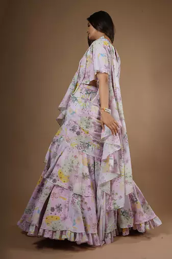 Pink Vintage Botanical Printed Ruffle Saree