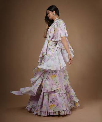 Pink Vintage Botanical Printed Ruffle Saree 6