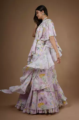 Pink Vintage Botanical Printed Ruffle Saree