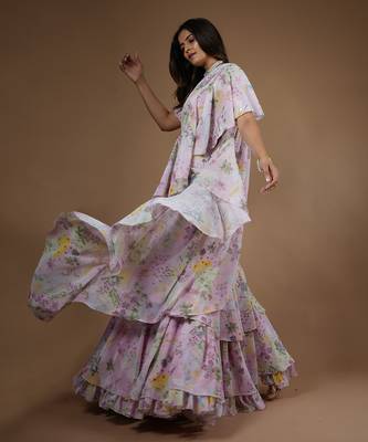 Pink Vintage Botanical Printed Ruffle Saree 7