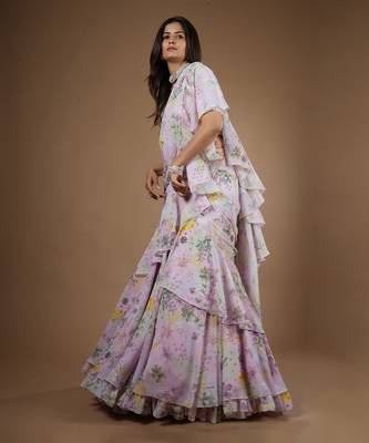 Pink Vintage Botanical Printed Ruffle Saree 8