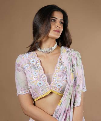 Pink Vintage Botanical Printed Ruffle Saree 9