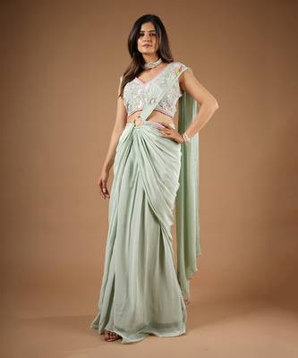 Pistachio Green Glamorous Twist Drape Saree 1