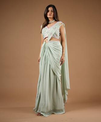 Pistachio Green Glamorous Twist Drape Saree 3
