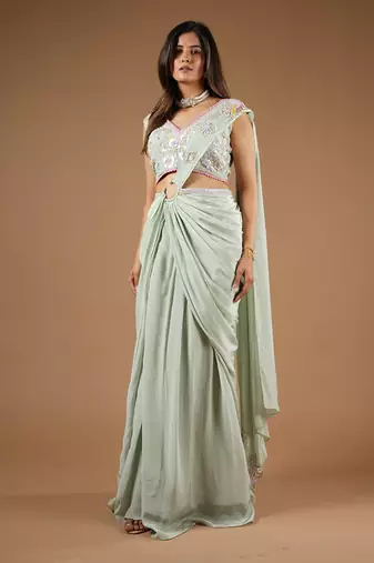 Pistachio Green Glamorous Twist Drape Saree