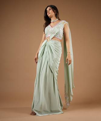 Pistachio Green Glamorous Twist Drape Saree 4