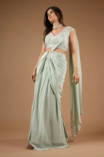 Pistachio Green Glamorous Twist Drape Saree