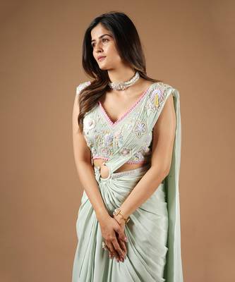 Pistachio Green Glamorous Twist Drape Saree 6