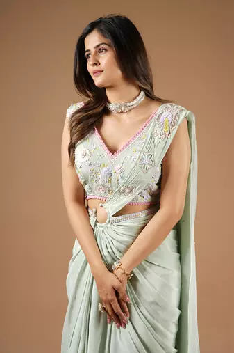 Pistachio Green Glamorous Twist Drape Saree