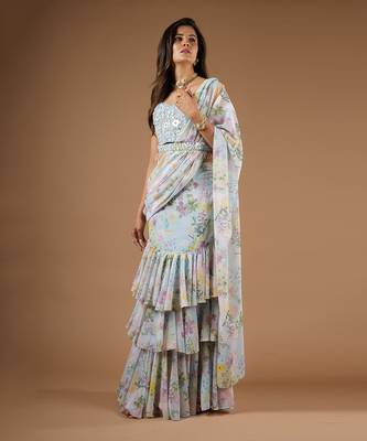 Blue Vintage Botanical Print Ruffle Saree 1