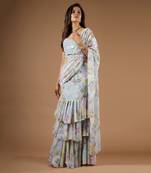 Blue Vintage Botanical Print Ruffle Saree