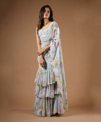 Blue Vintage Botanical Print Ruffle Saree 2
