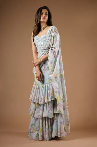 Blue Vintage Botanical Print Ruffle Saree