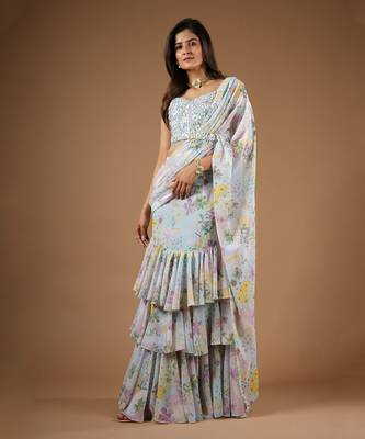 Blue Vintage Botanical Print Ruffle Saree 3