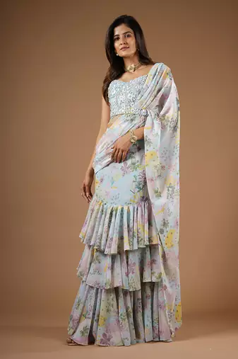 Blue Vintage Botanical Print Ruffle Saree