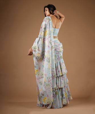 Blue Vintage Botanical Print Ruffle Saree 4