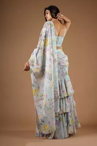 Blue Vintage Botanical Print Ruffle Saree