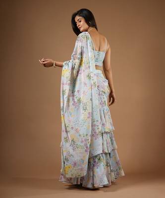 Blue Vintage Botanical Print Ruffle Saree 5