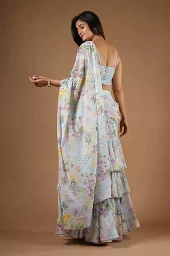 Blue Vintage Botanical Print Ruffle Saree