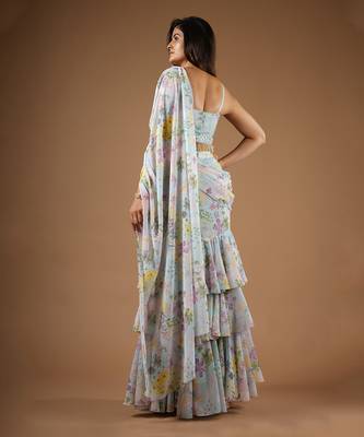 Blue Vintage Botanical Print Ruffle Saree 6