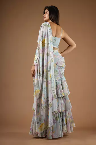 Blue Vintage Botanical Print Ruffle Saree
